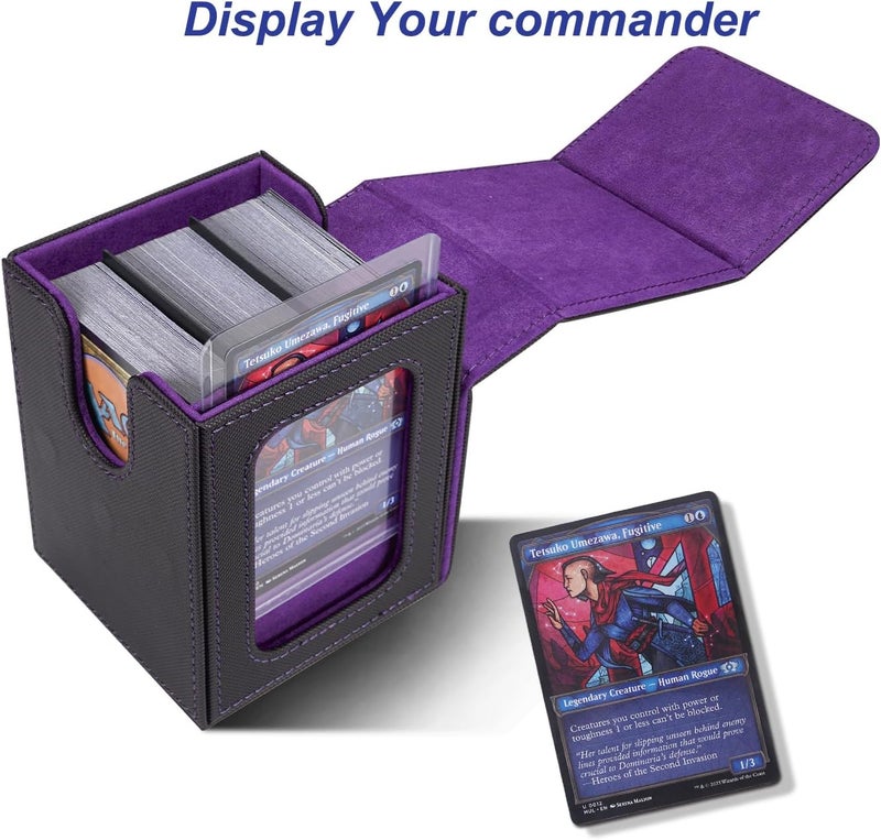 AFIING MTG Deck Box for Commander Display,Card Deck Box Fits 100 Double Sleeved Cards, Magic Commander TCG Card Storage Box with 2 Dividers,Drawstring Bag and 1 Toploader(Black/Purple) - Image 2